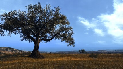 Obraz premium Solitary olive tree stands in a golden field under a partly cloudy sky, overlooking a distant hilly landscape