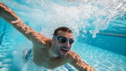 Naklejka premium Single European man wearing swimming equipment captured dive into a modern swimming pool with crystal-clear blue water - showcasing motion, energy, and the refreshing allure of summer leisure