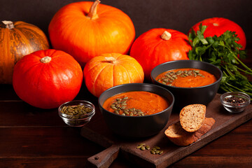 Pumpkin Soup with Crusty Bread and Harvest Display