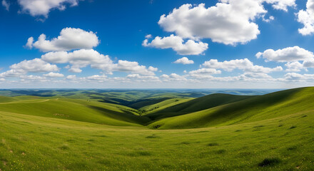 Fototapeta premium Rolling Green Hills Landscape Under Blue Sky with Clouds