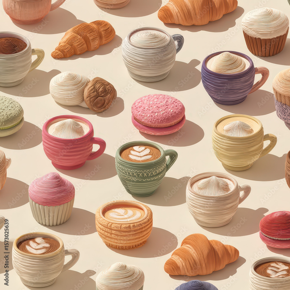 Poster isometric pattern of tiny coffee cups and pastries in seamless design suitable for cafe and bakery p
