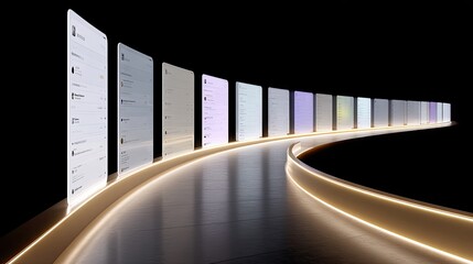 Obraz premium Futuristic Display Screens Line on a Curved Path in Dark Setting