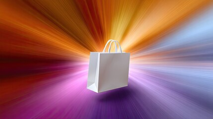 Abstract Colorful Background with White Shopping Bag in Motion