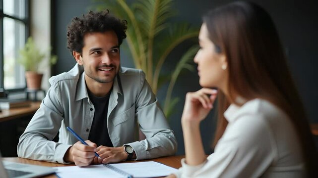 Flat Happy Indian HR Manager Interviews Latin Young Professional: Job CV Mentorship in Multiethnic Creative Workspace - Cute Vector Illustration
