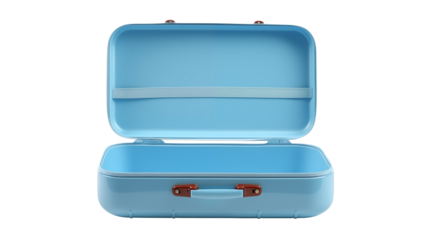 Open light blue suitcase shows empty interior isolated on transparent background