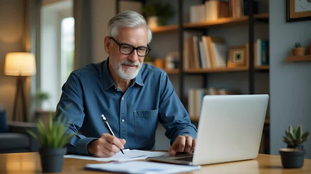 Flat Happy smiling middle aged older mature man wearing glasses looking at laptop using computer writing notes watching webinar sitting at home table hybrid work elearning online learning concept. con