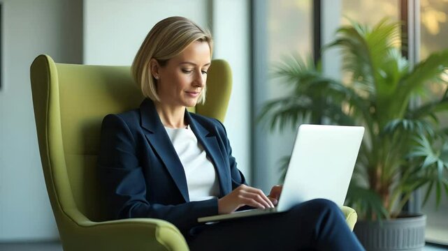 Candid Photo of Middle-Aged Business Woman in Sunny Green Office Using Laptop - Professional Female Entrepreneur in Suit, Full Body Vector Illustration, Isolated on White