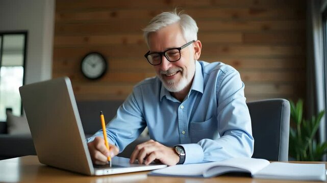 Middle-aged man with glasses smiling while using laptop and taking notes at home, engaged in hybrid work and online learning - Simple flat vector illustration, full body.