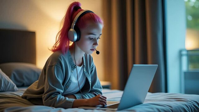 Flat Hipster Teen Girl with Pink Hair in Headphones Taking Notes While Watching Online Webinar on Laptop in Bedroom - Cute Vector Illustration for Distance Learning