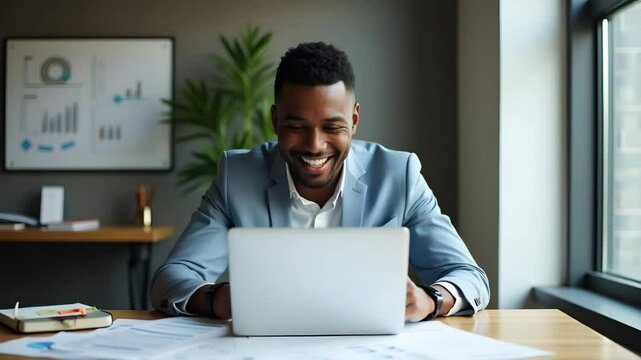 Happy Young African Businessman Working on Laptop: A Cute Vector Illustration of a Smiling Male Employee Reviewing Financial Reports in a Modern Office Setting