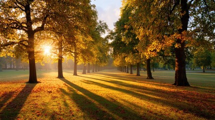 Naklejka premium Serene Autumn Landscape with Sunlight Filtering Through Trees