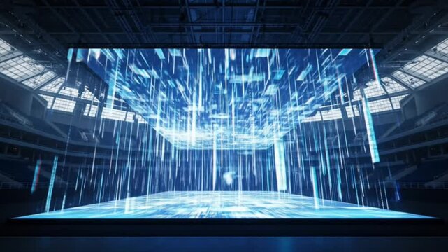 Immersive digital stage with holographic data projections forming 3D matrix in futuristic space. Seamless looping 4K time-lapse animation video background