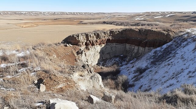 A semi-circular eroded landscape, showcasing layers of tan and red earth, partially snow-covered. A vast, flat plain extends into the background under a clear sky - Powered by Adobe