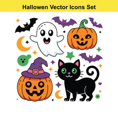Cute halloween vector icons set with ghost pumpkin cat bats and moon