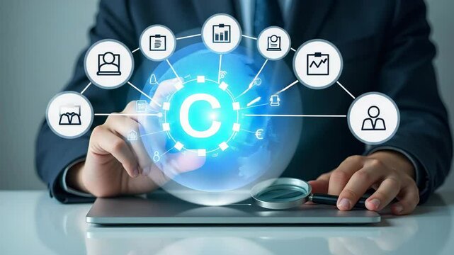 Hand holds holographic copyright symbol on laptop surrounded by legal icons and magnifying glass representing digital copyright and patent concepts in empty space.