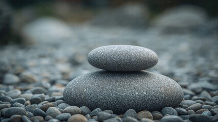 Perfectly balanced stack of smooth zen stones on a pebble beach with blurred background.
