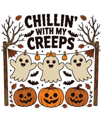 Happy Halloween! Cute cartoon ghosts, pumpkins, and bats; autumnal, whimsical, and friendly design.