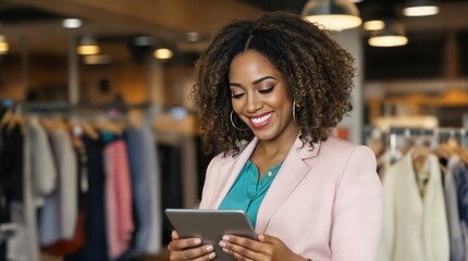 Happy African American woman using a digital tablet in a stylish clothing store boutique.