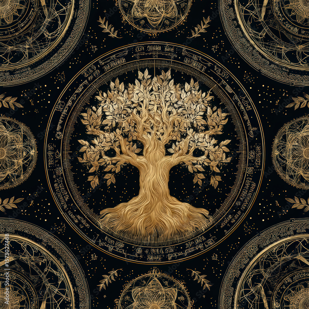 Aufkleber intricate seamless pattern of tree of life with orbital circles and detailed golden elements on blac