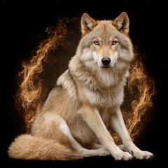Fototapeta premium Intense wolf sitting in front of a fire surrounded by swirling flames and glowing eyes creating a powerful visual