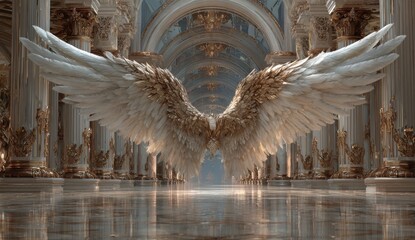 Angel wings in gold against a gothic chapel hall with carvings and columns