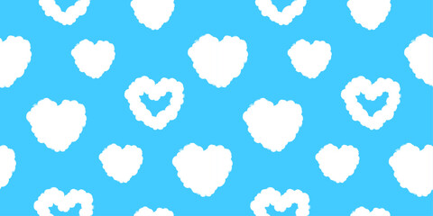 Seamless pattern  with white heart-shaped clouds on blue sky background. Fluffy romantic design crayon texture cover for textiles, wallpapers, wrapping paper, backdrop, fabric.