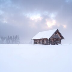 A cozy wooden cabin nestled in a serene snowy landscape, surrounded by tall pine trees, with smoke gently rising from the chimney under a clear blue sky.