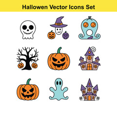 Vector art of a set of halloween vector icons featuring skulls, witches, pumpkins, ghosts, and haunted houses