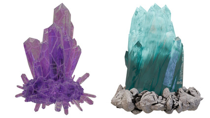 realistic 3d render of purple and teal crystal clusters with sharp faceted structures and rocky bases, vibrant gemstone minerals isolated on transparent background for fantasy or geology design