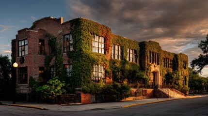 A brick building overgrown with ivy