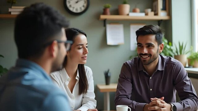 Happy Indian HR manager interviews Latin young professional discusses job CV mentors Hispanic male teacher and female student in multiethnic creative workspace concept as Happy Indian HR manager inter