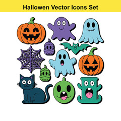 Vector art of a halloween vector icon set featuring pumpkins, ghosts, a bat, a cat, and a spiderweb for a spooky celebration
