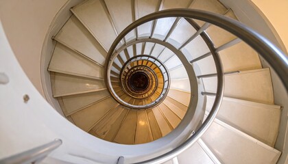 Fototapeta premium Spiral staircase viewed from above, showcasing elegant design and soft lighting effects