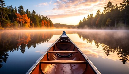 A vibrant red canoe rests peacefully on the sandy shore of a tranquil lake, surrounded by lush greenery and reflecting the clear blue sky above.
