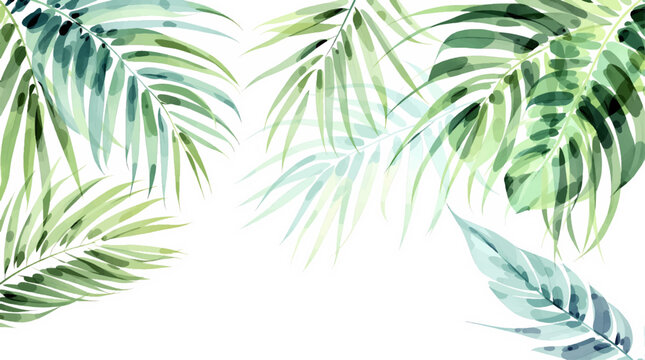 Watercolor pattern green leaves on white background	