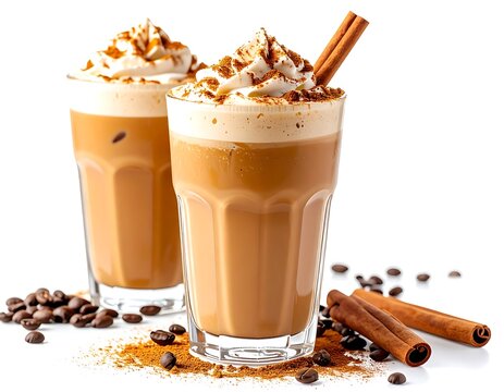 Delicious coffee frappe topped with whipped cream and cinnamon on a bright background