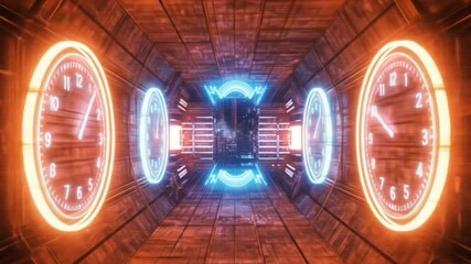 Futuristic neon clocks spinning in symmetrical time tunnel with glowing lights and digital walls. Seamless looping 4K time-lapse animation video background - Powered by Adobe