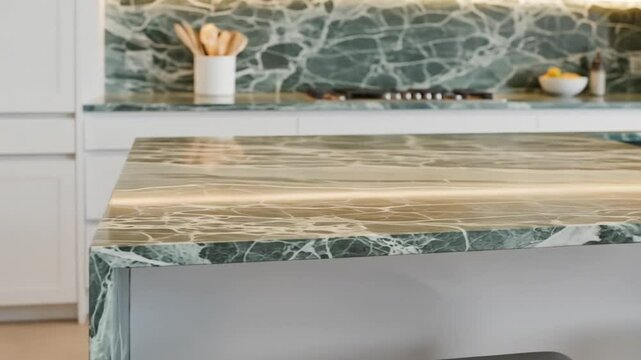 Close up of modern kitchen with green marble countertop and backsplash design showcasing sleek