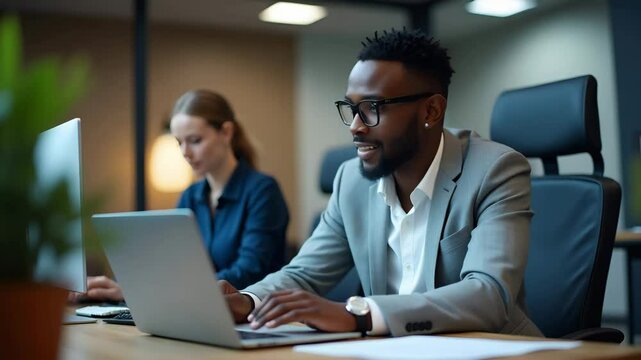 Young African American executive at computer overseeing financial project ensuring productivity exemplifying progress. concept as Active environment underlines strategic management. Confident posture 