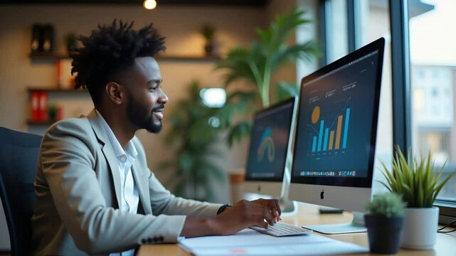 Young African American executive at computer overseeing financial project, exemplifying productivity and strategic management in an active environment, confident posture, empty space for text.