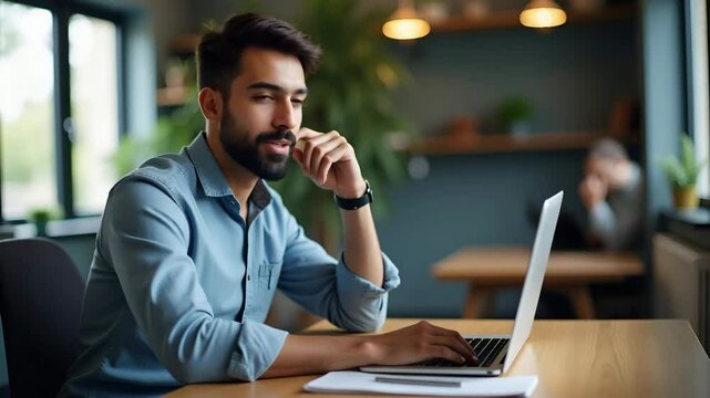 Young bearded Indian businessman and teacher teleworks has virtual classroom meeting works on laptop computer giving online webinar training remote class on video conference call. concept as Young bea