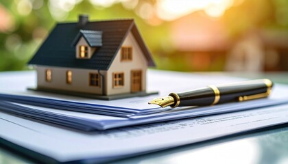 Miniature house model on paperwork with a fountain pen, surrounded by a serene outdoor setting