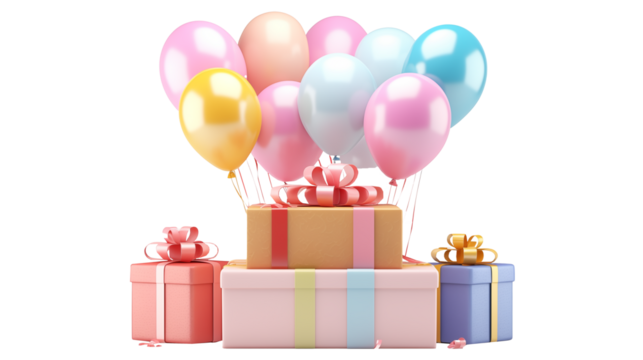 Colorful balloons floating above stacked gift boxes with ribbons and bows