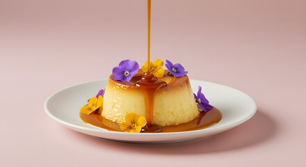 Pudding decorated with edible flowers and caramel sauce being poured, pastel-colored background creates lightness and a feminine touch to the scene