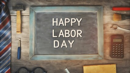 Happy Labor Day! A rustic chalkboard surrounded by tools and a tie.
