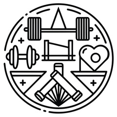 Circular emblem with fitness equipment and heart symbol for healthy lifestyle