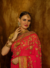 Beautiful young woman in traditional indian clothing with bridal makeup and jewelry.