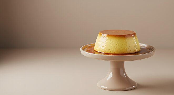 Pudding presented on a delicate dessert pedestal, soft beige background and side lighting highlight minimalist elegance