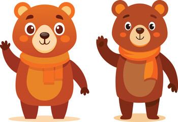 Fototapeta premium Two cute brown bears waving hello wearing orange scarves