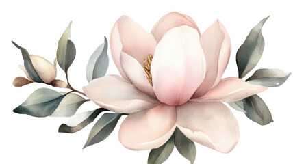 Pink water lily flower with delicate petals and floating leaves isolated on white background
